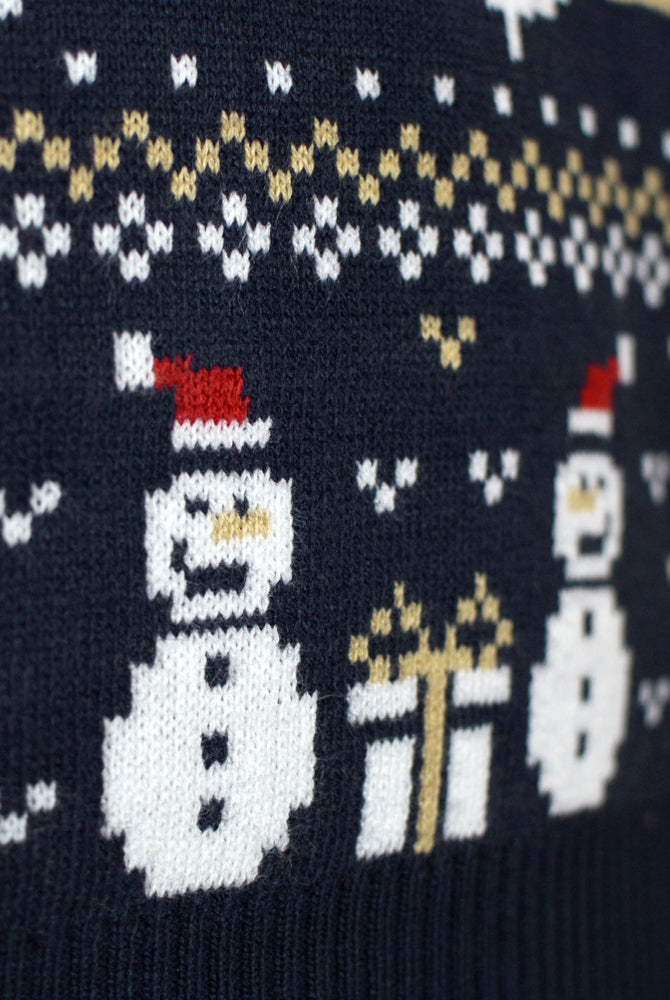 Maglione Natalizio Coppia con Pupazzi di Neve e Motivi Natalizi Blu