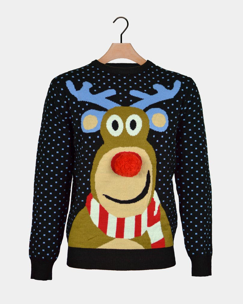 Maglione Natalizio Blu Renna Rudolph con Naso Rosso in 3D