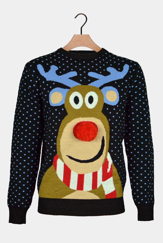 Maglione Natalizio Blu Renna Rudolph con Naso Rosso in 3D