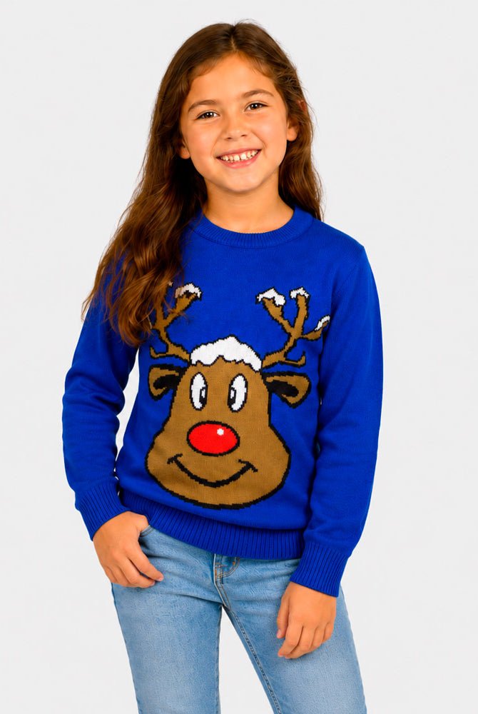 Maglione Natalizio Blu con Renna Sorridente Bambina
