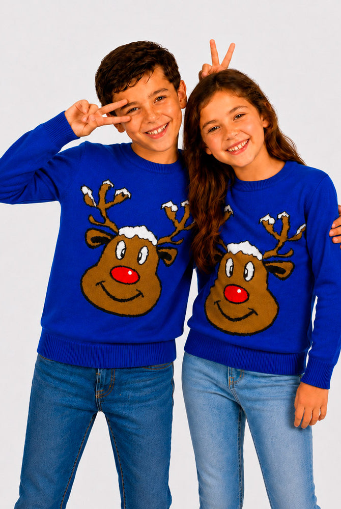 Maglione Natalizio Blu con Renna Sorridente Bambini