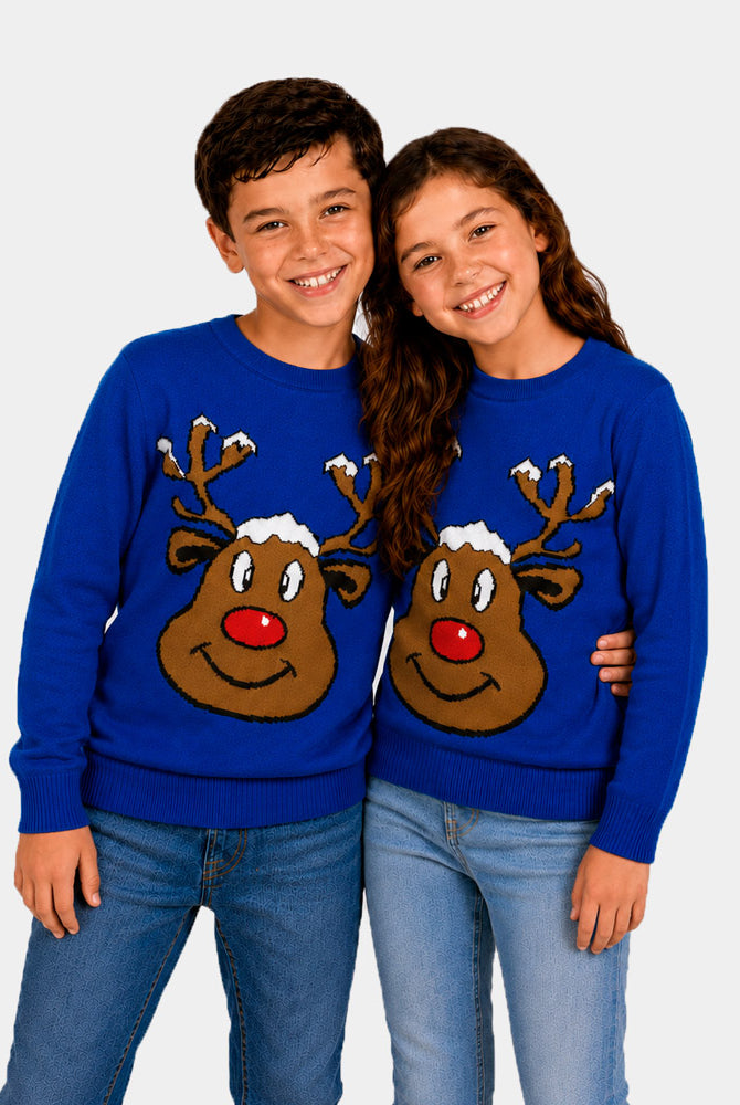 Maglione Natalizio Blu con Renna Sorridente Bambini