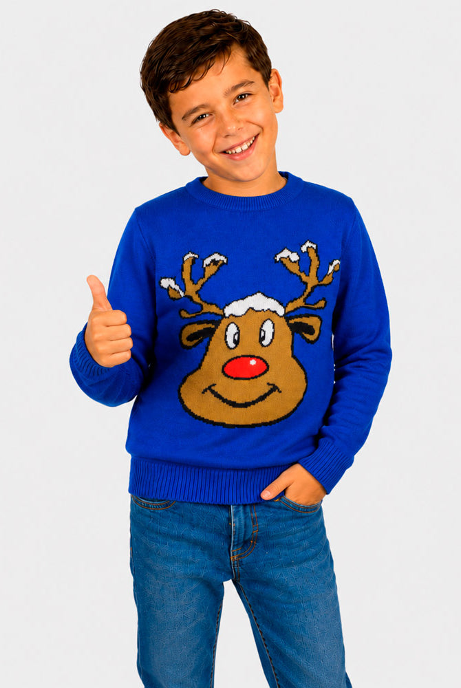 Maglione Natalizio Blu con Renna Sorridente Bambino