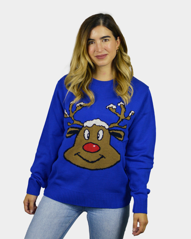 Maglione Natalizio Blu con Renna Sorridente Donna