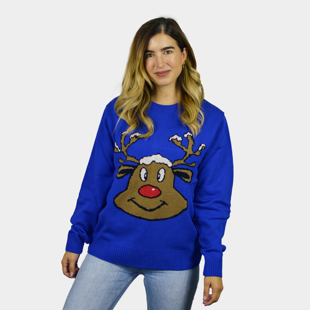 Maglione Natalizio Blu con Renna Sorridente Donna