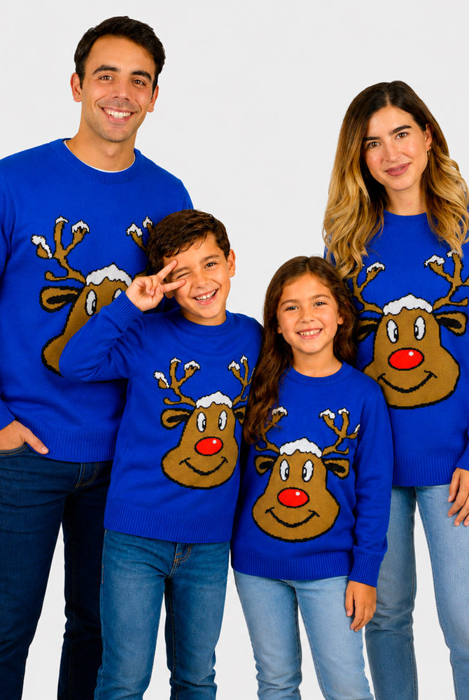 Maglione Natalizio Blu con Renna Sorridente Famiglia
