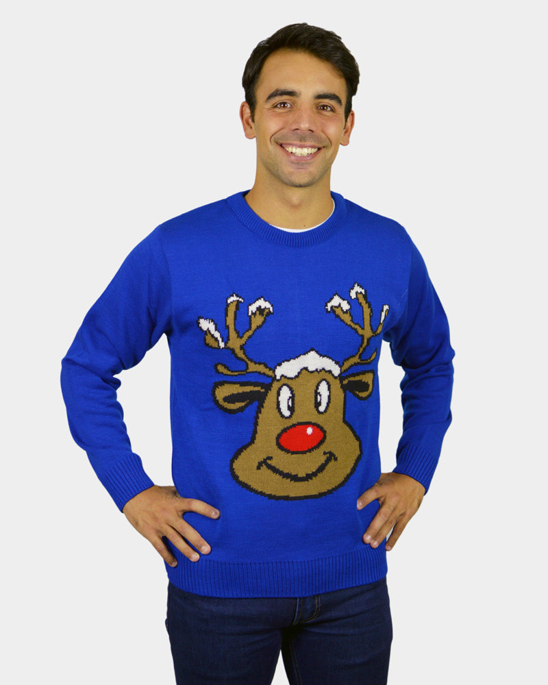 Maglione Natalizio Blu con Renna Sorridente Uomo