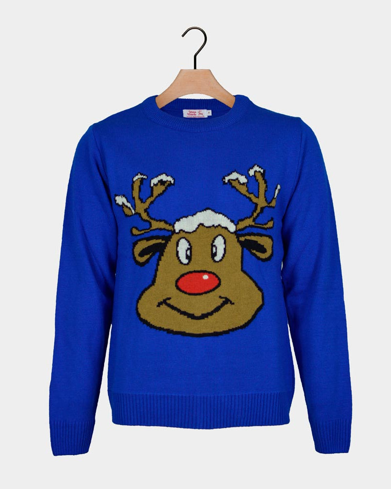 Maglione Natalizio Blu con Renna Sorridente