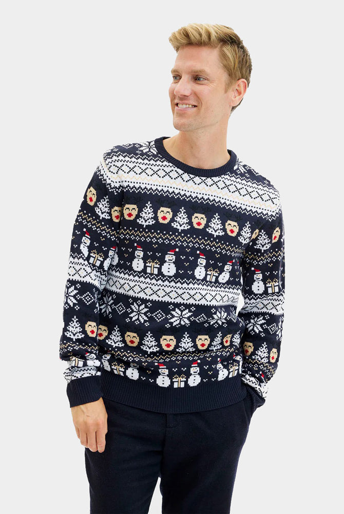 Maglione Natalizio Uomo Blu con Pupazzi di Neve e Motivi Natalizi