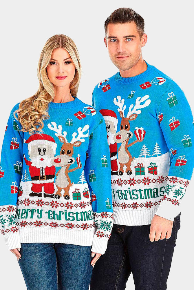 Maglione Natalizio Coppia Azzurro con Renna e Babbo Natale