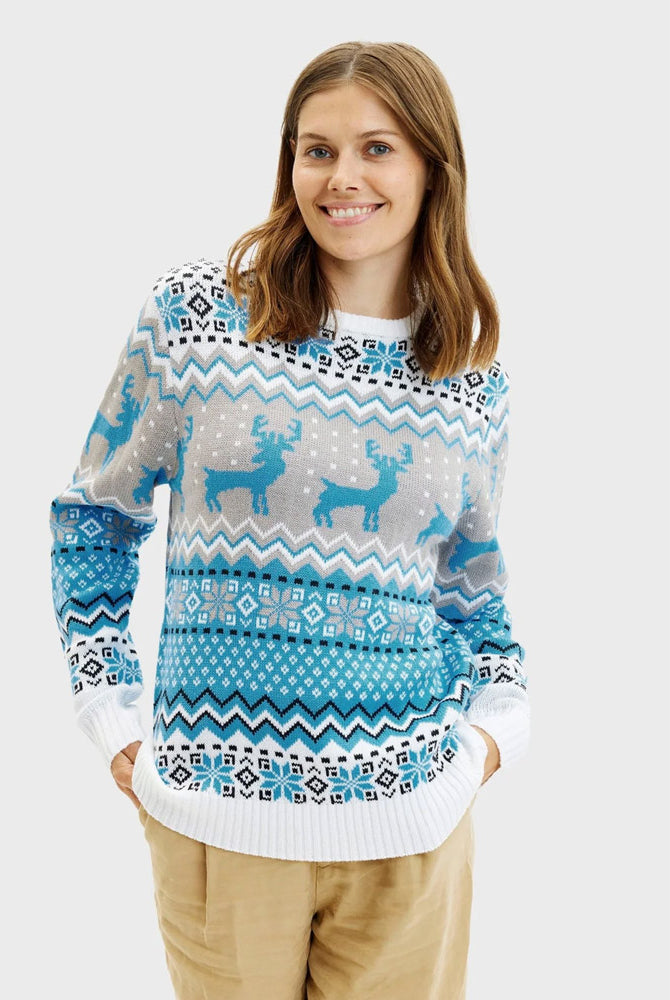 Maglione Natalizio Donna Coppia Bianco, Grigio e Blu con Renne Elegante