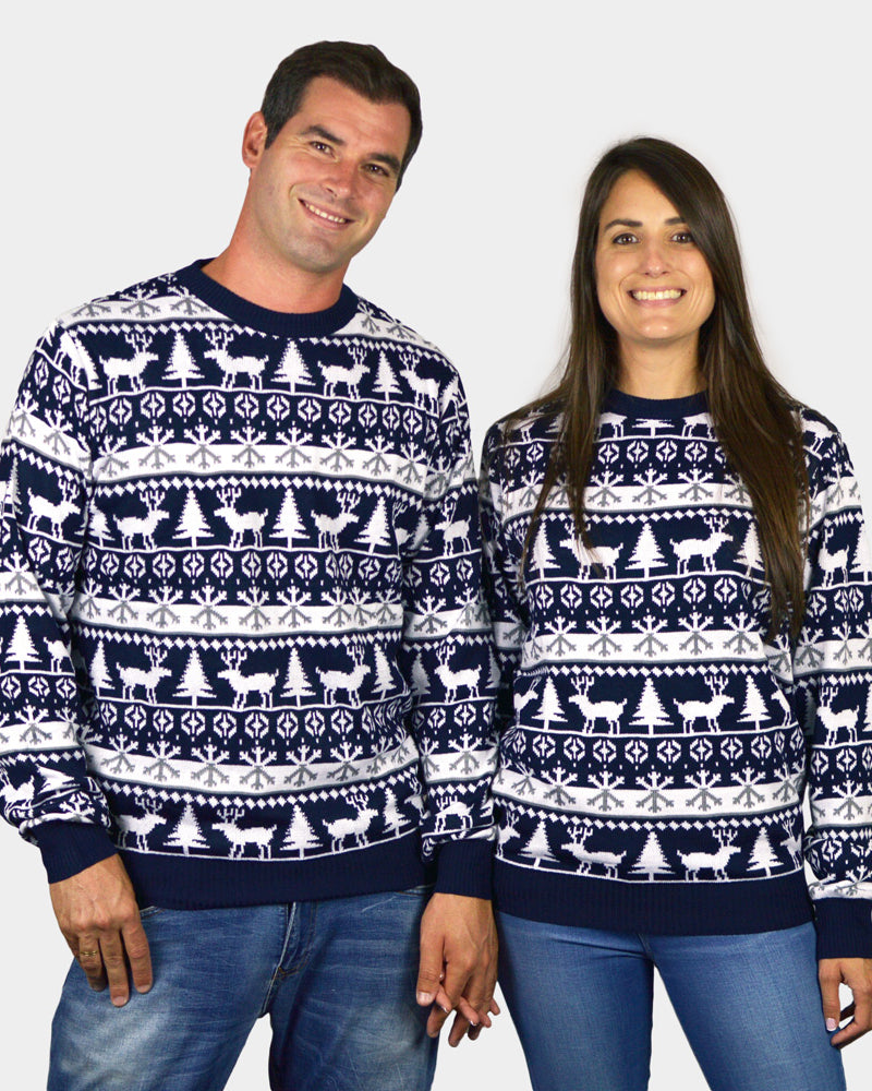 Maglione Natalizio di Coppia Blu Alberi di Natale e Renne