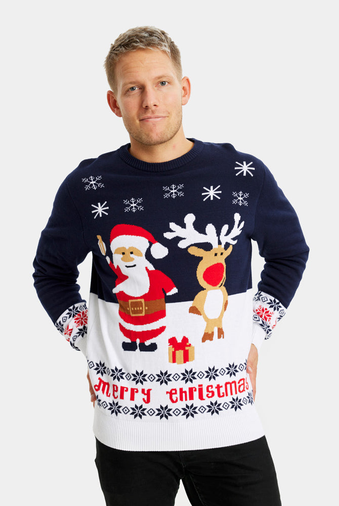 Maglione Natalizio Coppia Blu Uomo Babbo Natale e Renna Rudolph