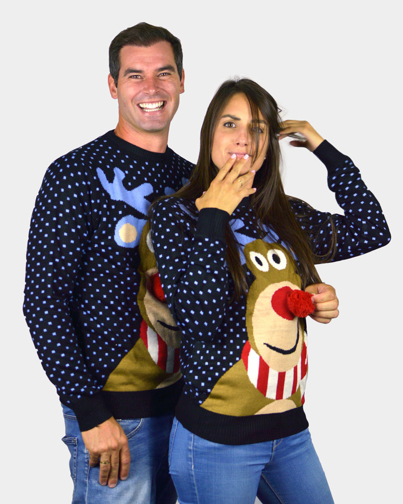Maglione Natalizio di Coppia Blu Renna Rudolph con Naso Rosso in 3D