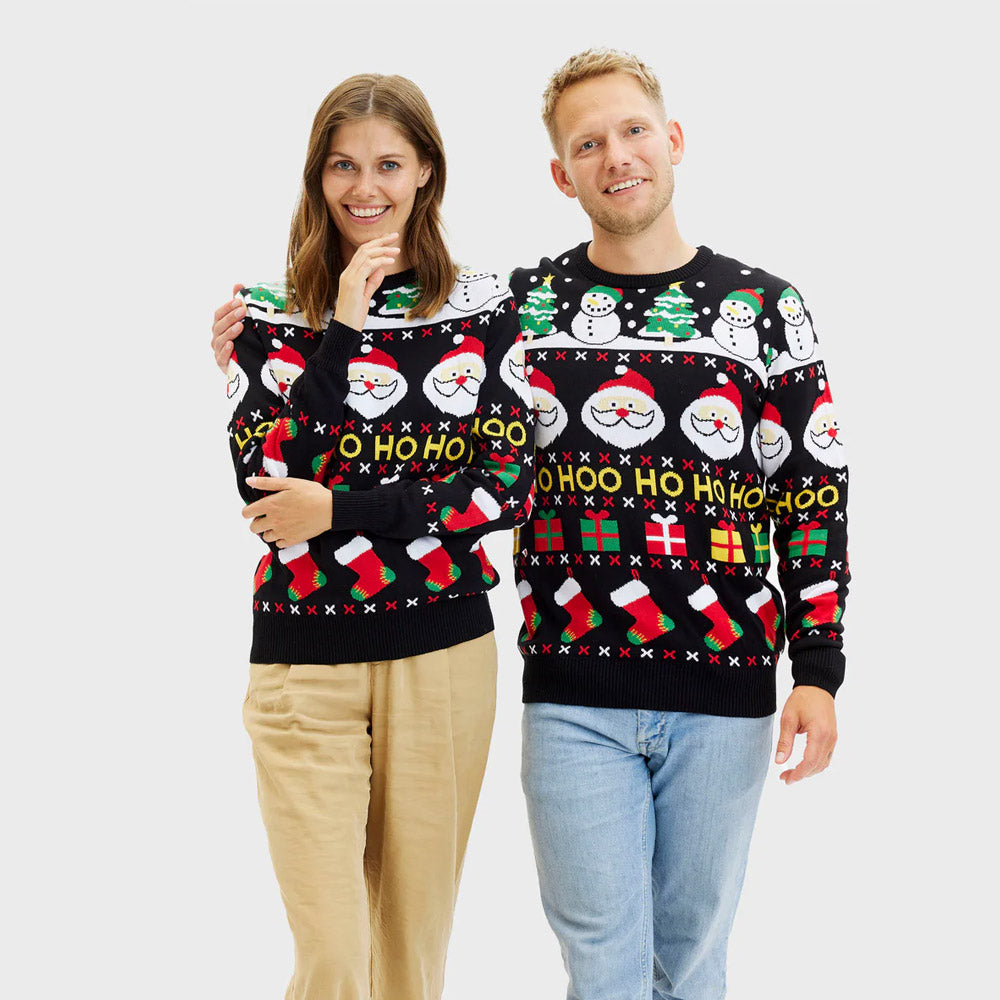 Maglione Natalizio di Coppia in Cotone Biologico con Babbo Natale, Regali e Pupazzi di Neve