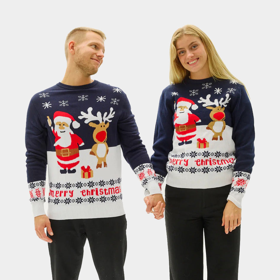 Maglione Natalizio di Coppia Cotone Biologico Blu Babbo Natale Renna Rudolph