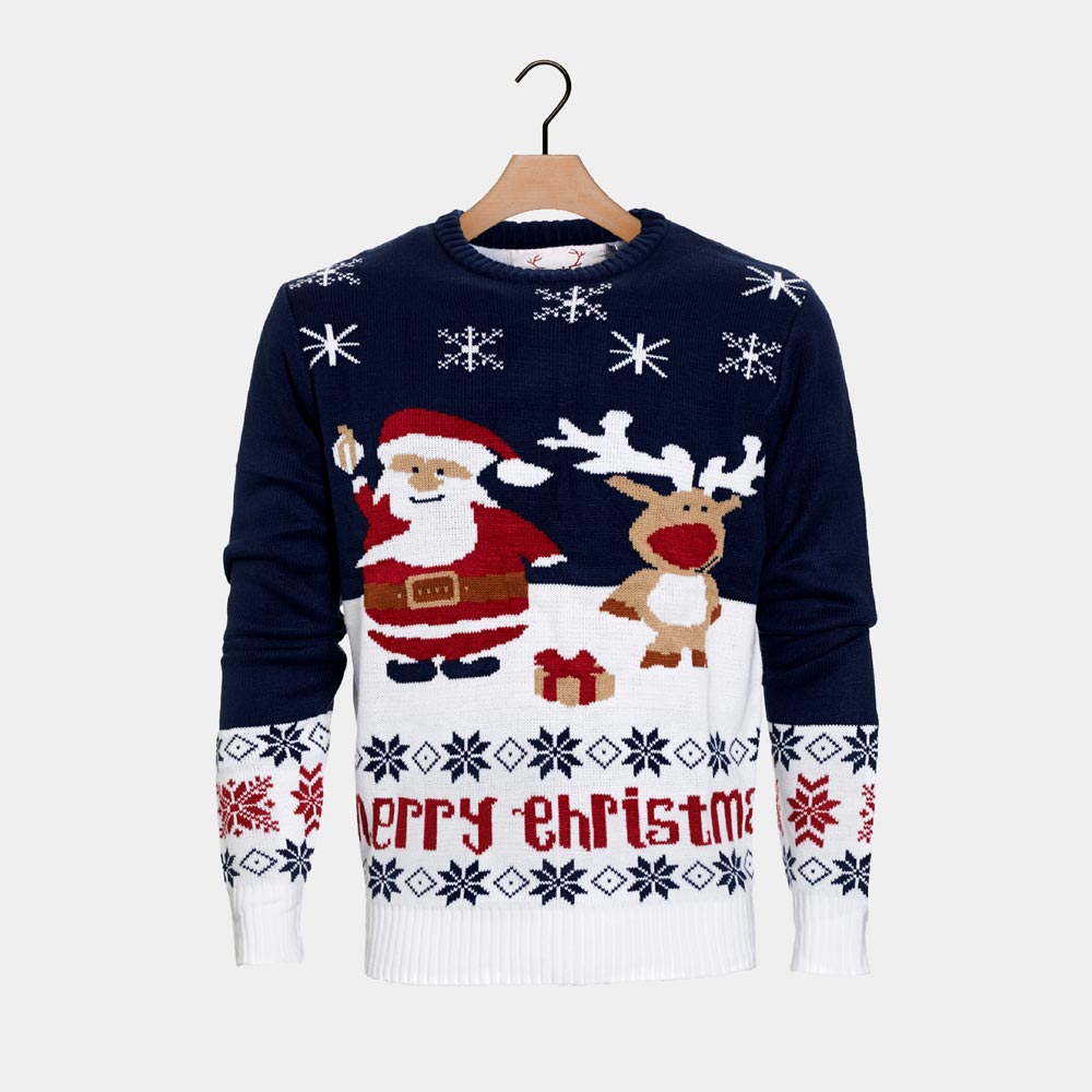 Maglione Natalizio di Coppia Cotone Biologico Blu Natale Babbo Renna Rudolph