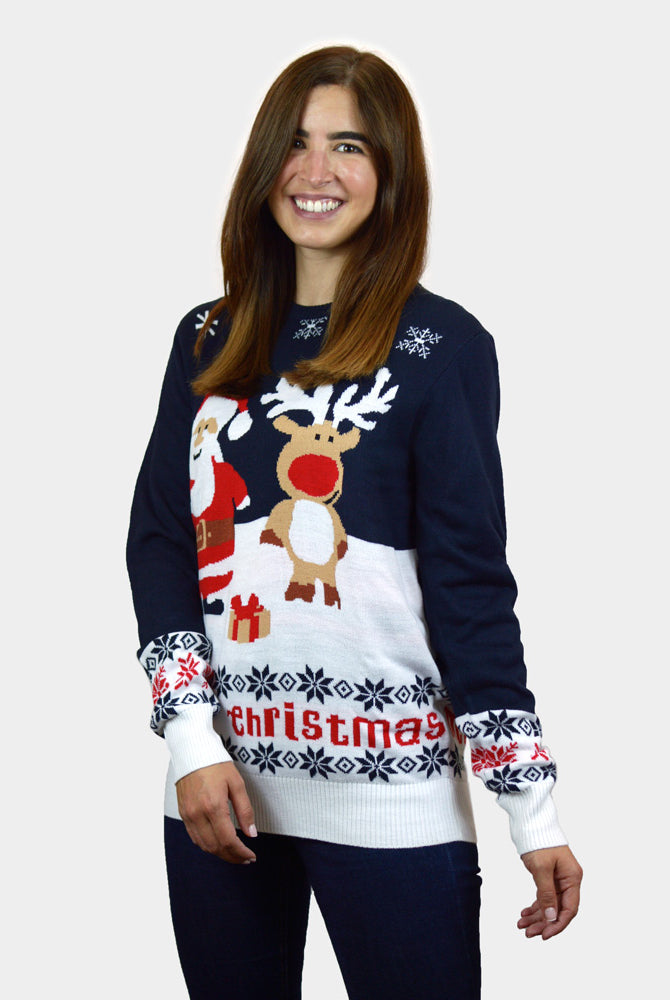 Maglione Natalizio di Coppia Cotone Biologico Donna Blu Babbo Natale Renna Rudolph