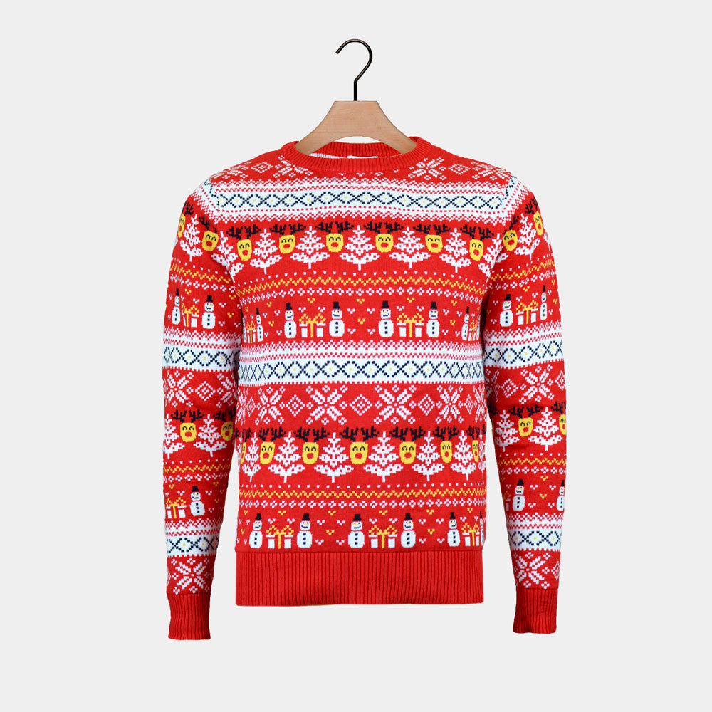 Maglione Natalizio Coppia in Cotone Biologico Pupazzi Neve e Motivi Natalizi Rosso