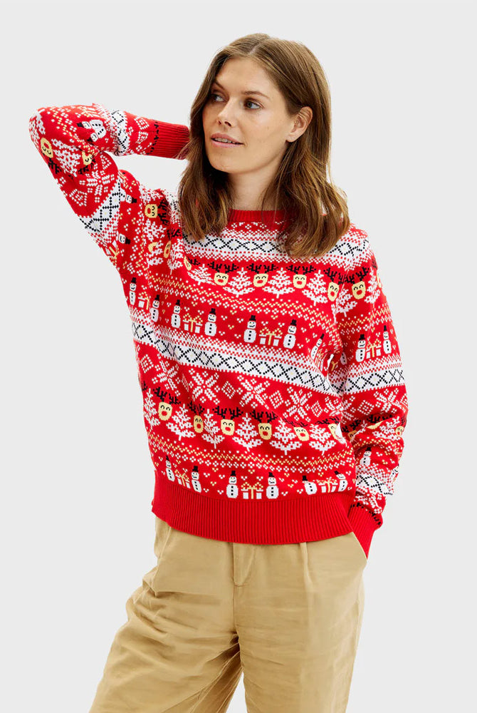 Maglione Natalizio Coppia in Cotone Biologico Rosso Pupazzi Neve e Motivi Natalizi Donna