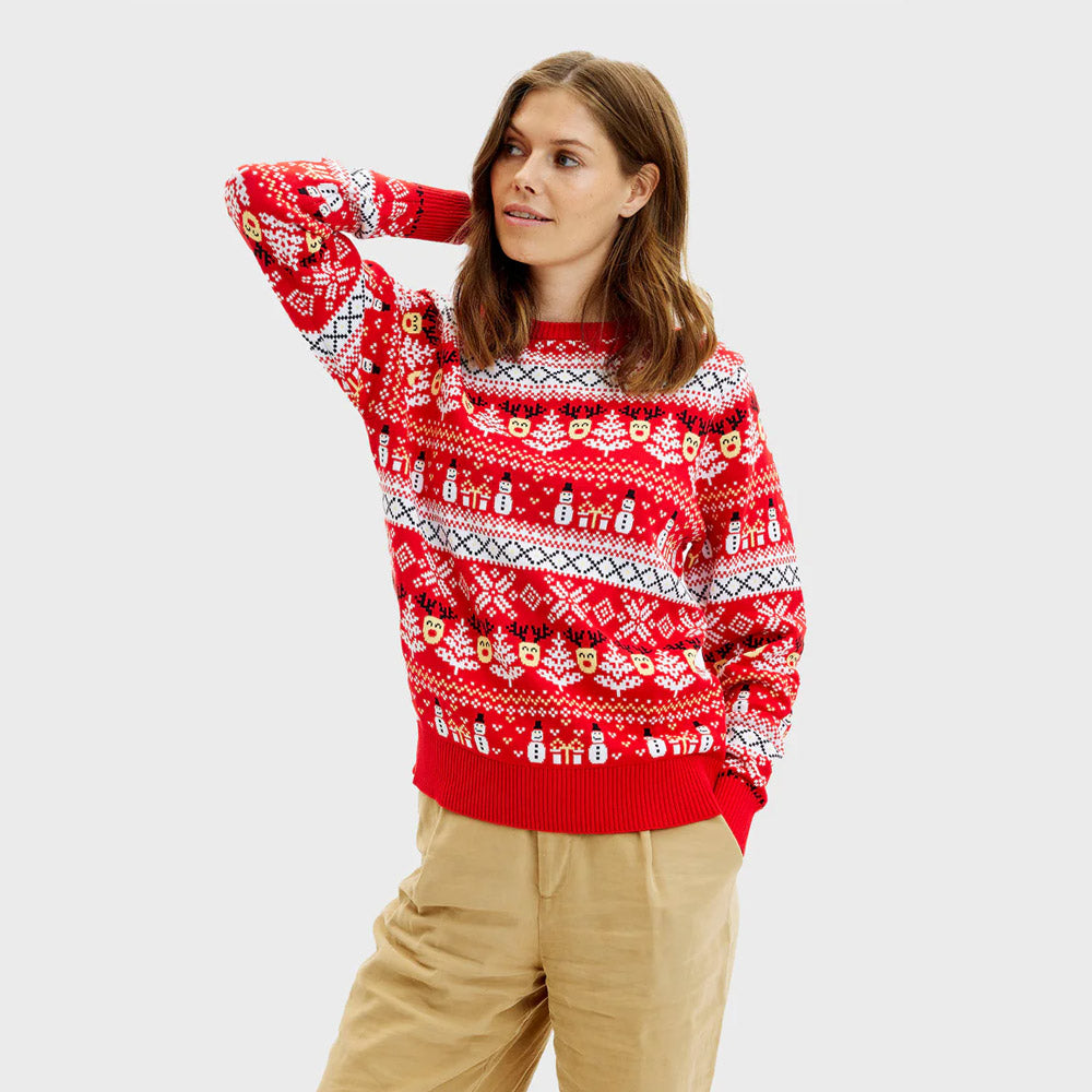 Maglione Natalizio Coppia in Cotone Biologico Rosso Pupazzi Neve e Motivi Natalizi Donna