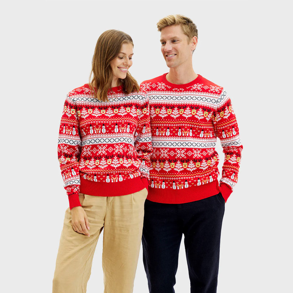 Maglione Natalizio Coppia in Cotone Biologico Rosso Pupazzi Neve e Motivi Natalizi