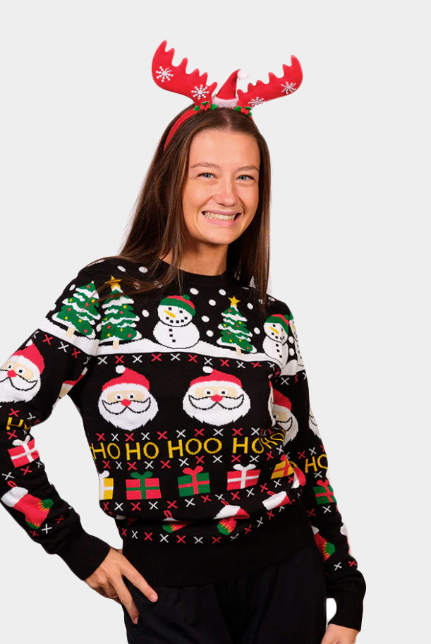 Maglione Natalizio di Coppia Donna in Cotone Biologico con Babbo Natale, Regali e Pupazzi di Neve