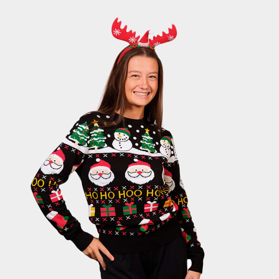 Maglione Natalizio di Coppia Donna in Cotone Biologico con Babbo Natale, Regali e Pupazzi di Neve