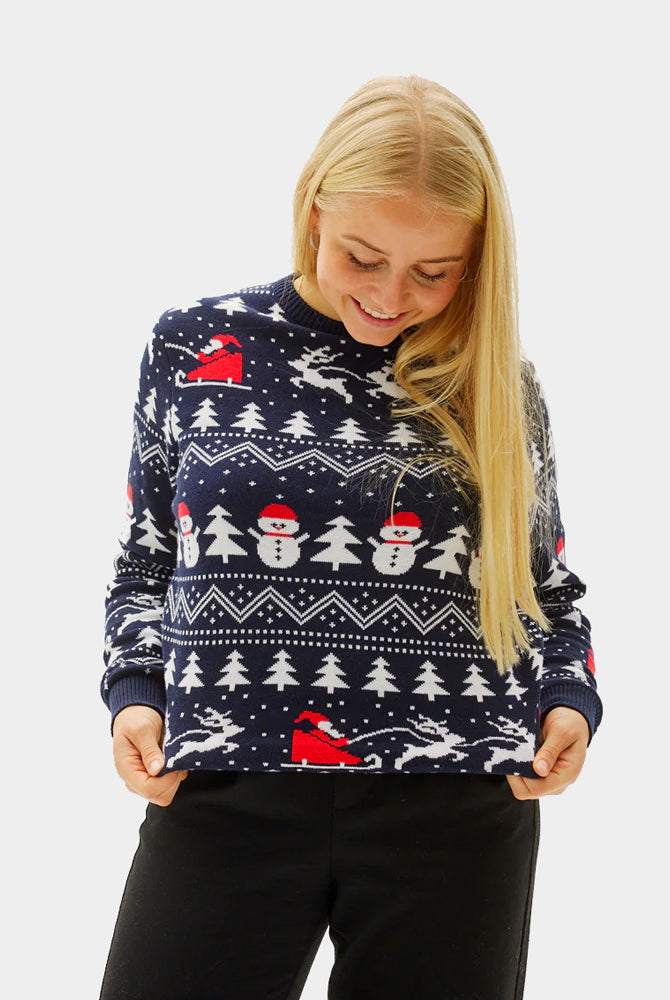 Maglione Natalizio di Coppia Donna Cotone Biologico Blu Alberi Pupazzi di Neve Babbo Natale