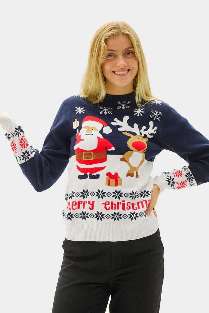 Maglione Natalizio di Coppia Donna Cotone Biologico Blu Babbo Natale Renna Rudolph