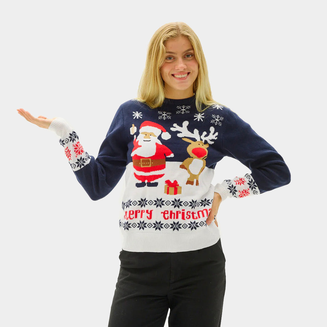 Maglione Natalizio di Coppia Donna Cotone Biologico Blu Babbo Natale Renna Rudolph