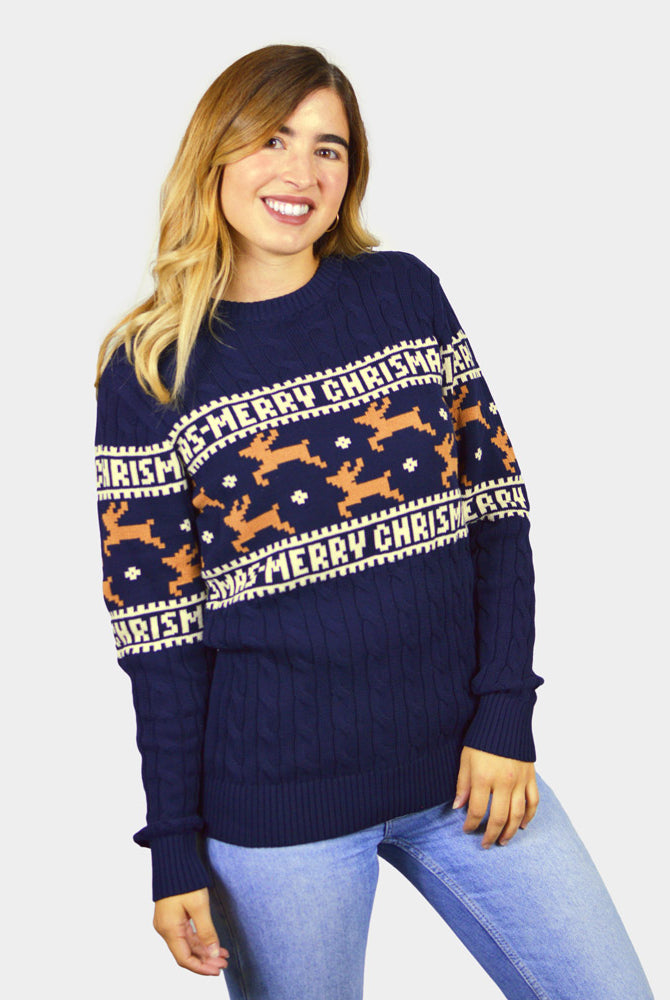 Maglione Natalizio donna Coppia in Cotone Biologico Elegante Blu con Renne