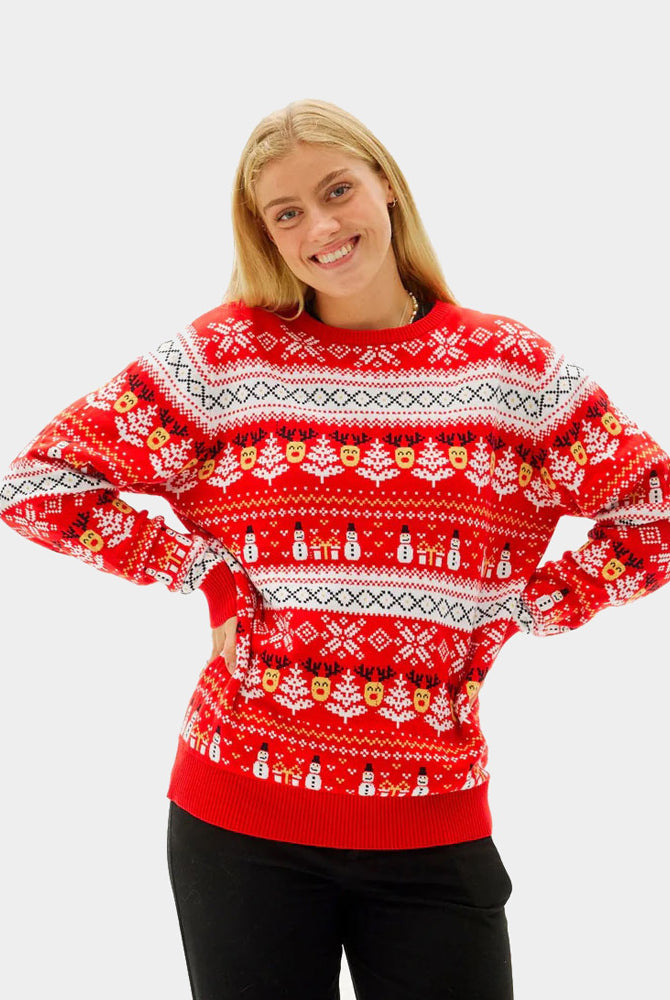 Maglione Natalizio di Coppia Donna Cotone Biologico Rosso Pupazzi di Neve Motivi Natalizi
