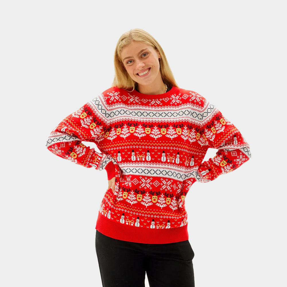 Maglione Natalizio di Coppia Donna Cotone Biologico Rosso Pupazzi di Neve Motivi Natalizi
