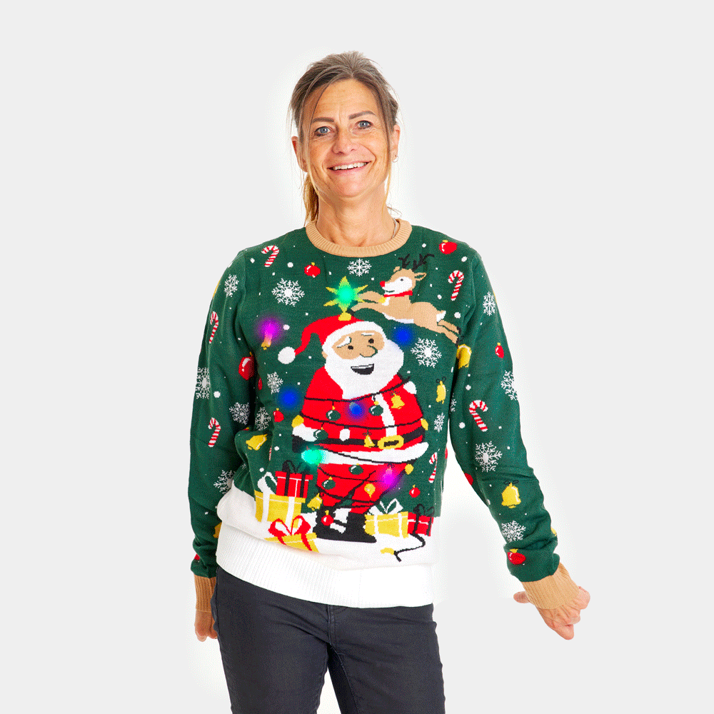 Maglione Natalizio di Coppia Donna con Luci LED Babbo Natale in Confusione