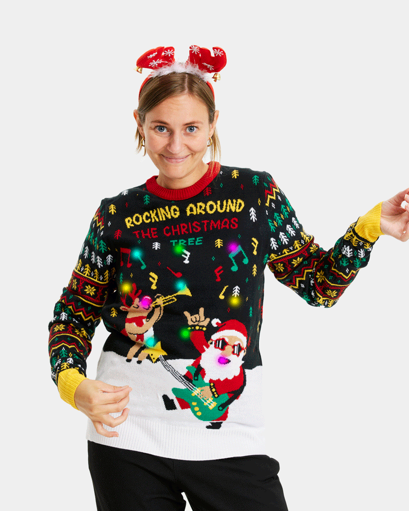 Maglione Natalizio Donna di Coppia con Luci LED Babbo Natale Rocker