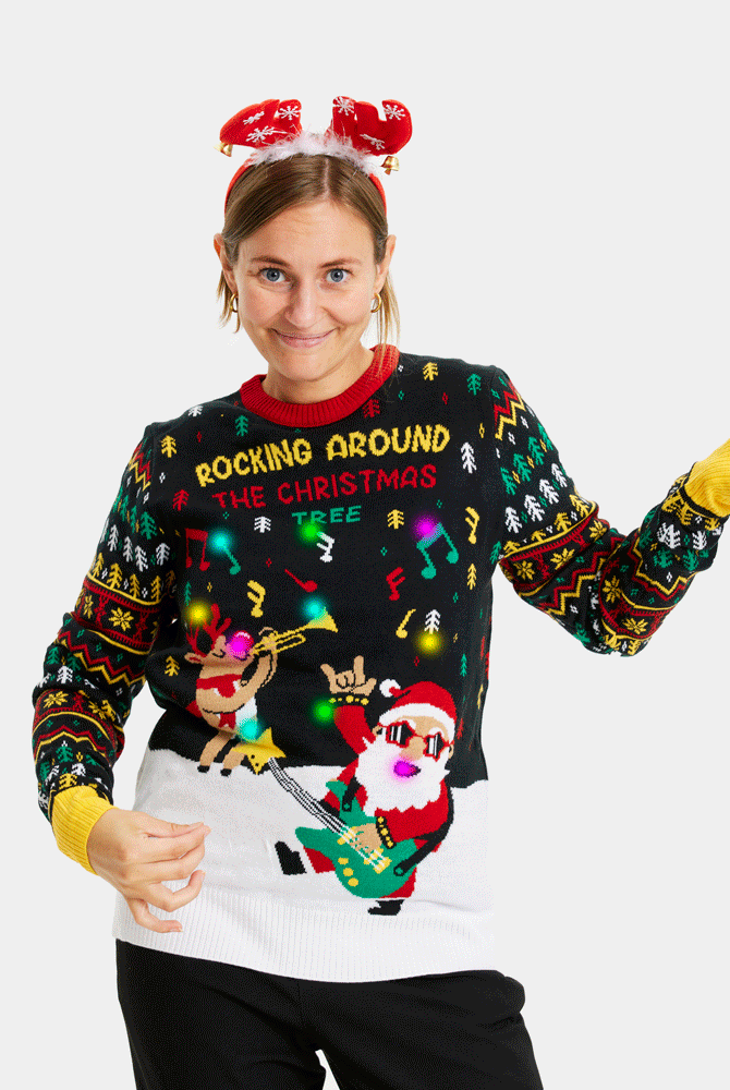 Maglione Natalizio Donna di Coppia con Luci LED Babbo Natale Rocker
