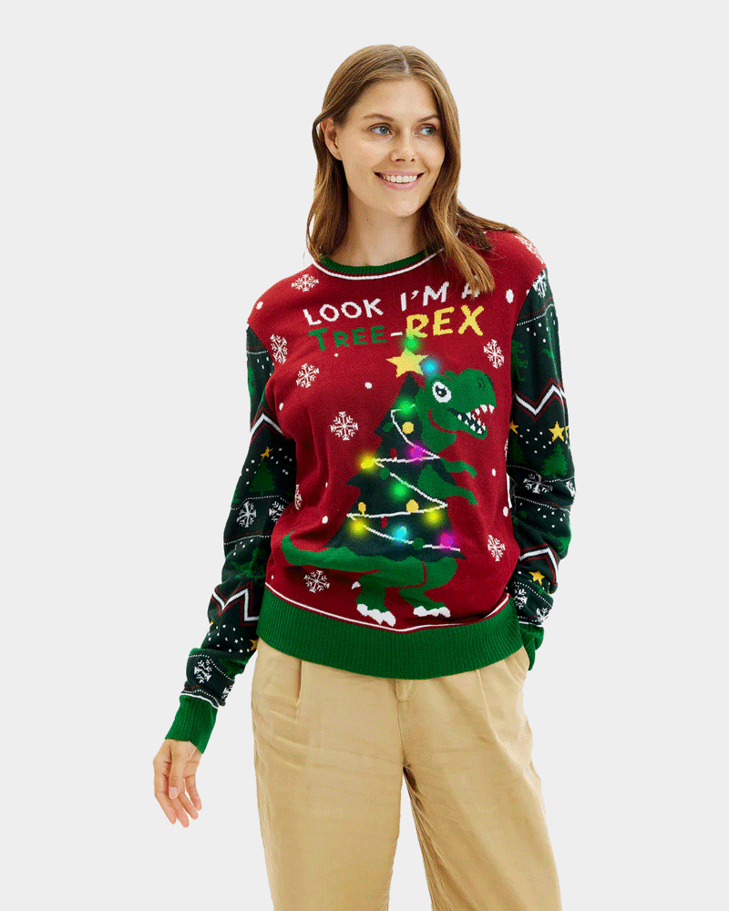 Maglione Natalizio di Coppia Donna con Luci LED Christmas Tree-Rex
