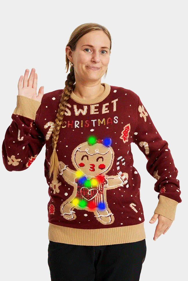 Maglione Natalizio di Coppia e Donna con Luci LED Rosso Ginger Cookie
