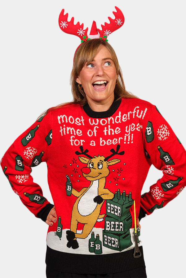 Maglione Natalizio di Coppia Donna Renna e Apribottiglie per Birra