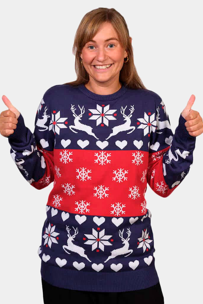 Maglione Natalizio Coppia Donna con Renne e Cuori Blu e Rosso