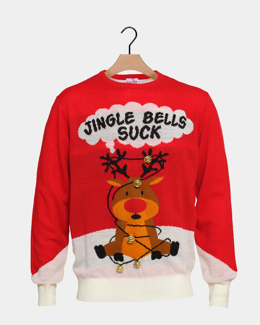 Maglione Natalizio di Coppia Jingle Bells Suck Rosso Campanelli 3D