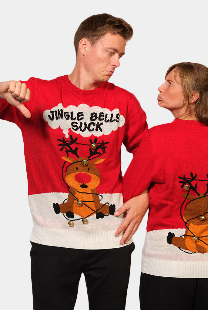 Maglione Natalizio di Coppia Jingle Bells Suck Rosso con Campanelli 3D