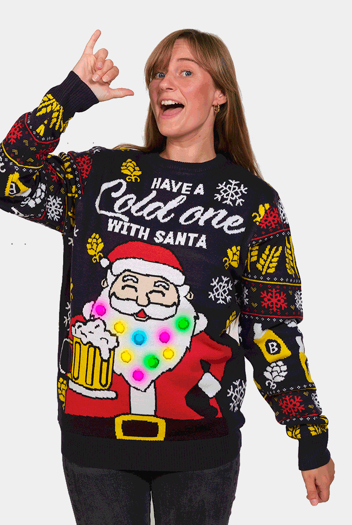Maglione Natalizio Coppia Donna con Luci LED Babbo Natale con Birra