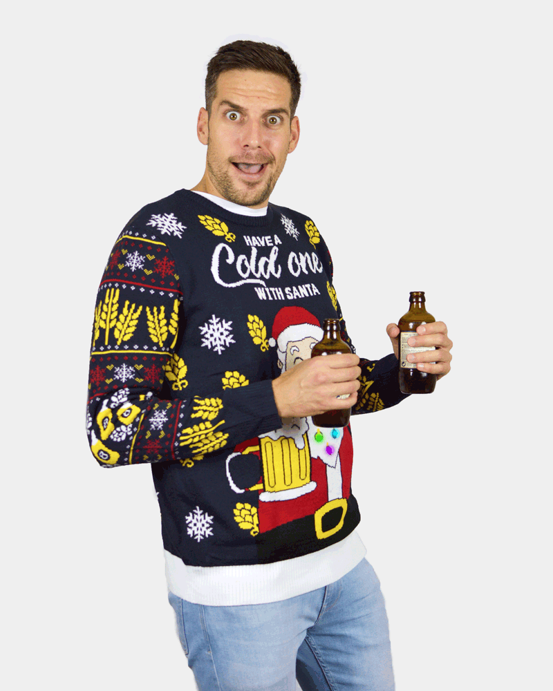 Maglione Natalizio Coppia Uomo con Luci LED Babbo Natale con Birra