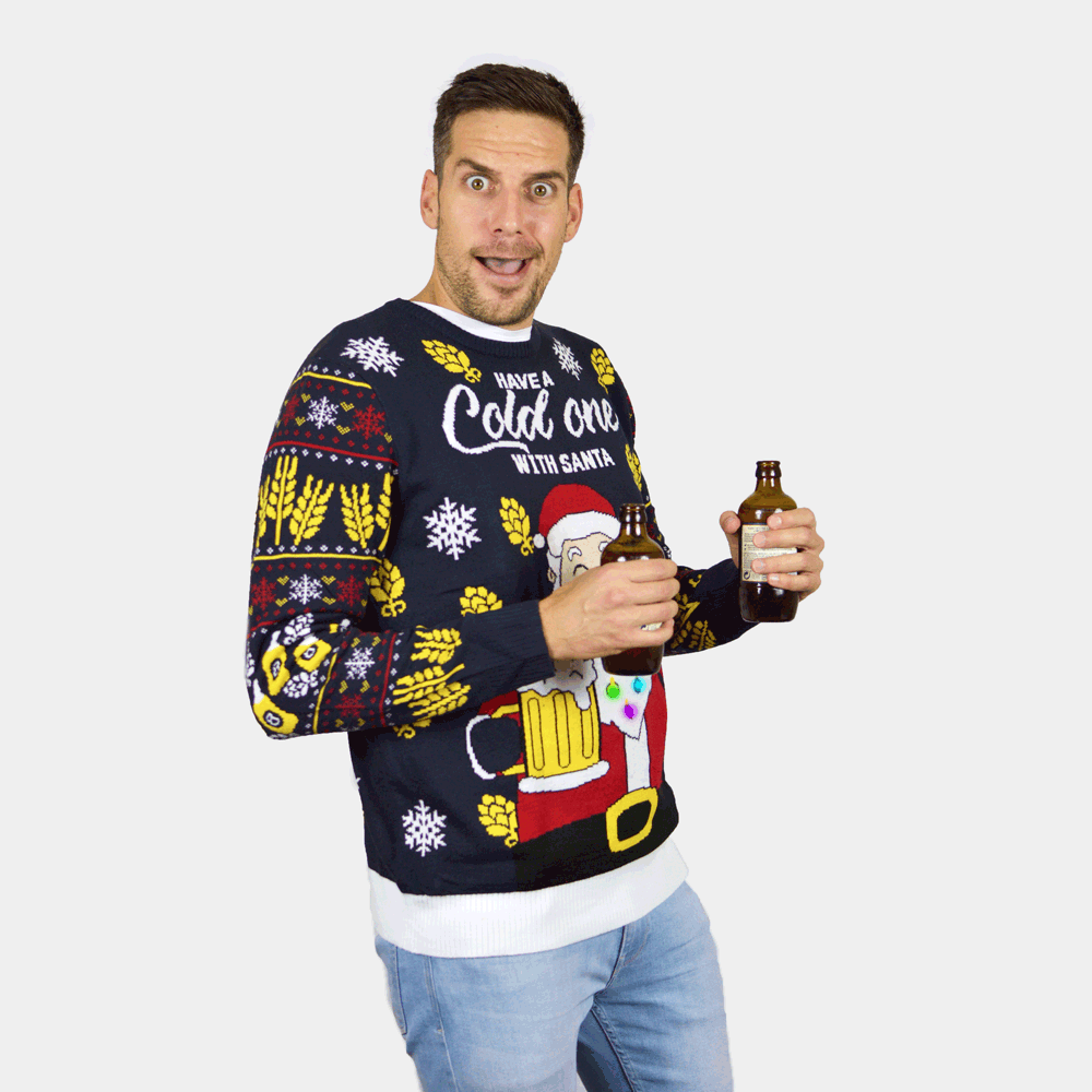 Maglione Natalizio Coppia Uomo con Luci LED Babbo Natale con Birra