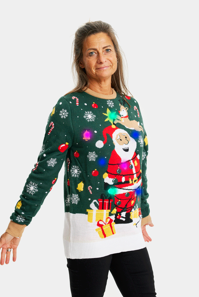Maglione Natalizio di Coppia con Luci LED Babbo Natale in Confusione Donna
