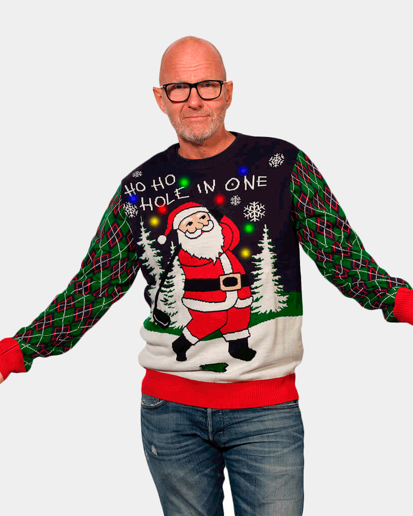 Maglione Natalizio di Coppia Uomo con Luci LED Babbo Natale che Gioca a Golf
