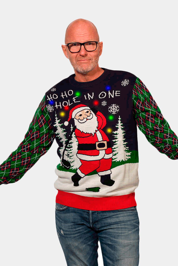 Maglione Natalizio di Coppia Uomo con Luci LED Babbo Natale che Gioca a Golf