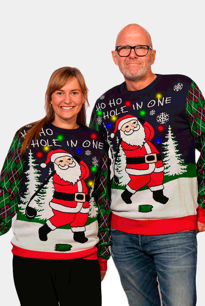 Maglione Natalizio di Coppia con Luci LED Babbo Natale che Gioca a Golf